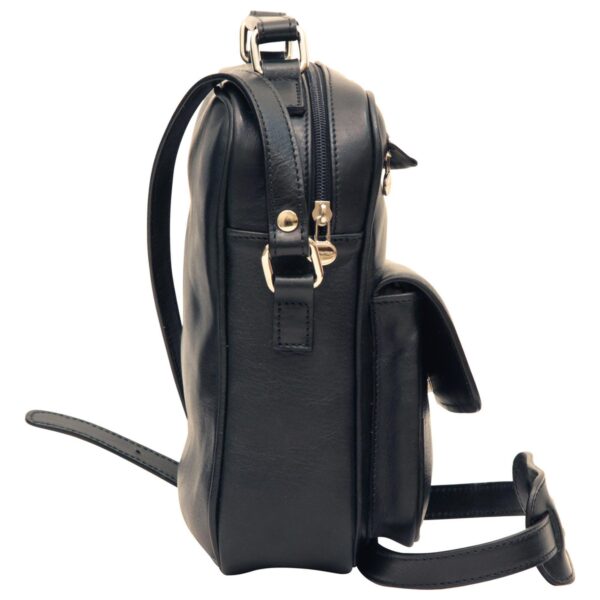 `Black genuine leather compact crossbody bag with gold zipper, front flap pocket, top carry handle and adjustable shoulder strap, side view`