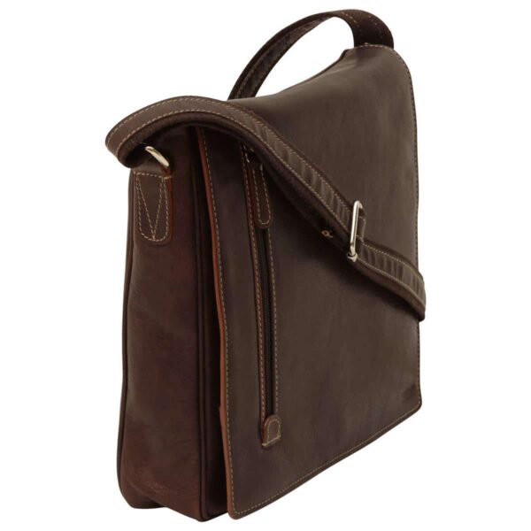 side-angled view of a dark brown leather messenger bag with visible light-colored stitching, featuring a vertical zipper on the front flap and an adjustable shoulder strap.