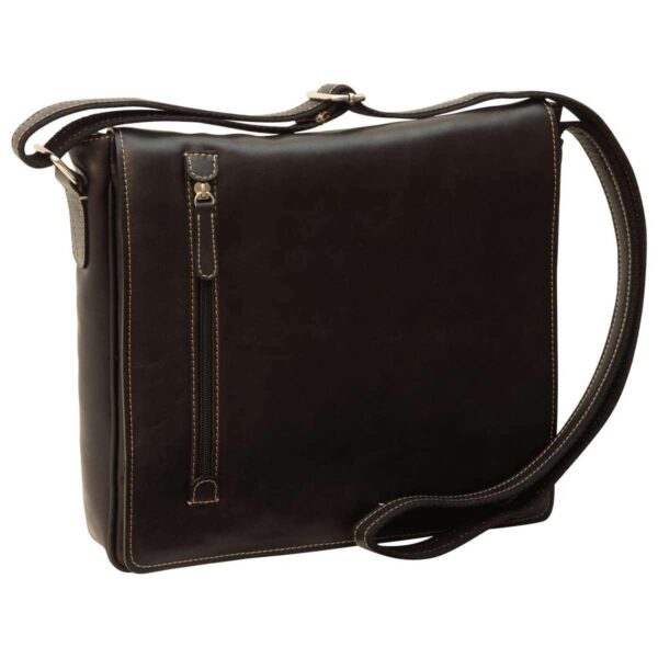 A front-angled view of the dark brown leather messenger bag with the flap closed, highlighting the vertical zippered pocket on the left side and the adjustable shoulder strap.