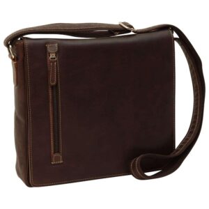 A full front-angled view of the dark brown leather messenger bag with the flap closed, showing the vertical zipper detail and the adjustable shoulder strap draped across the front.