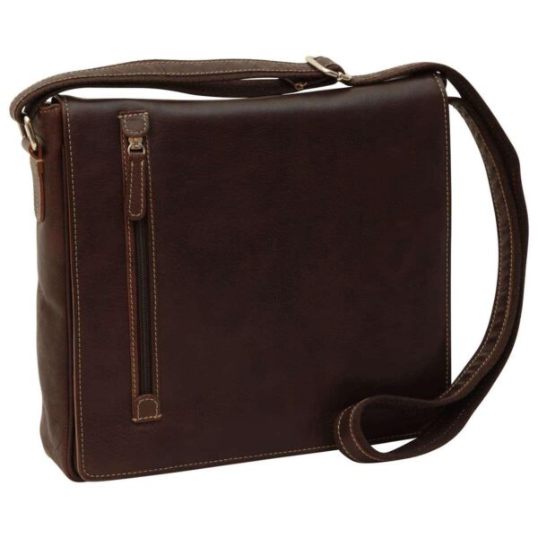 A full front-angled view of the dark brown leather messenger bag with the flap closed, showing the vertical zipper detail and the adjustable shoulder strap draped across the front.
