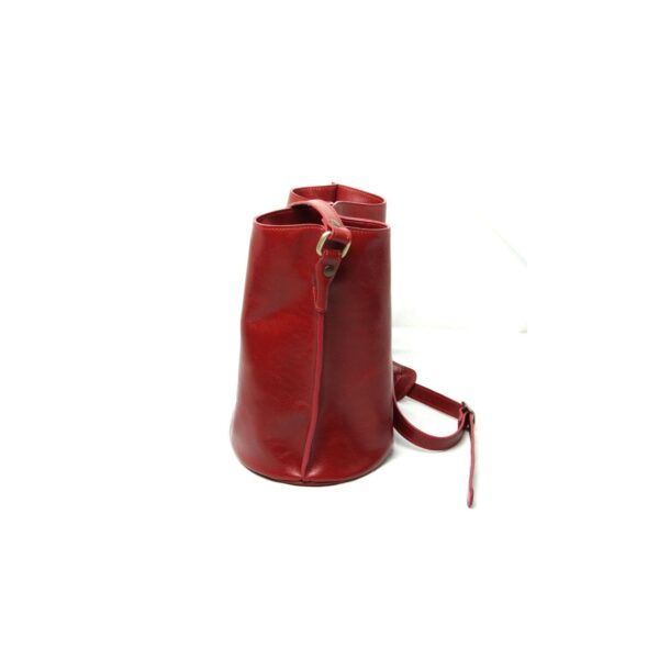 A side profile of a red leather bucket bag standing upright on a white background, highlighting its cylindrical shape, smooth texture, and the attachment of the shoulder strap.