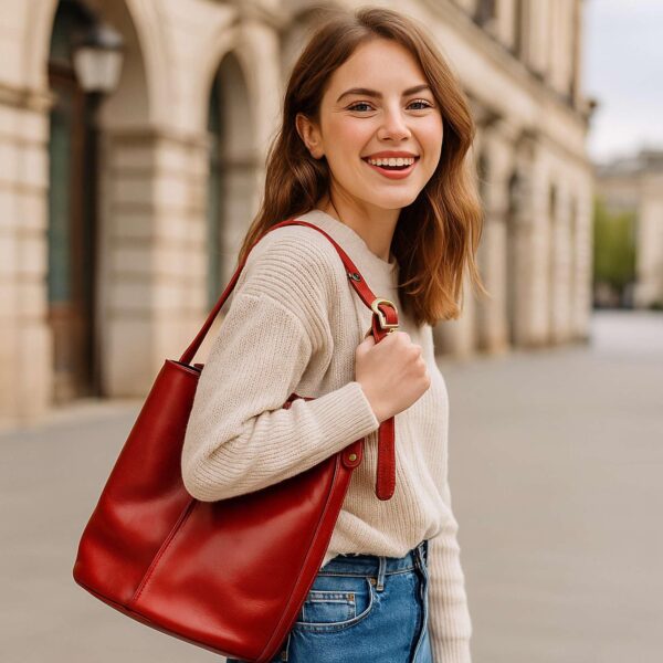 A smiling young woman with wavy brown hair wearing a beige ribbed sweater and blue jeans, carrying a vibrant red leather bucket bag over her shoulder while walking on a city street with classical architecture in the background.