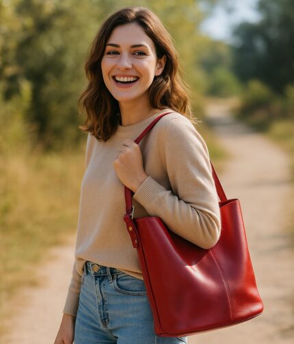 Elegant full-grain leather shoulder bag – spacious, handcrafted in Italy, with adjustable strap, magnetic closure, and organized compartments