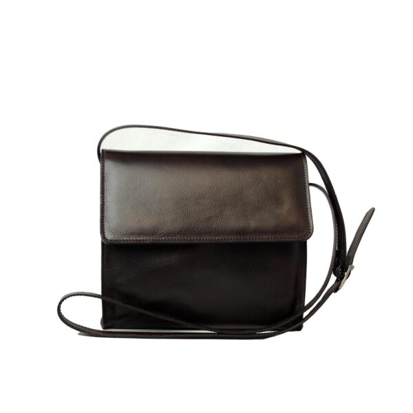 A front-facing view of a dark chocolate brown leather messenger bag with a clean, minimalist design, featuring a square fold-over flap and a thin, matching leather shoulder strap, set against a white background.