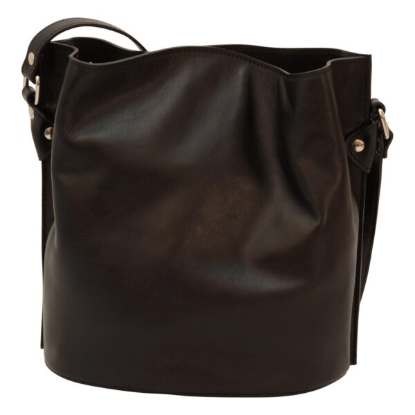 A front view of a black leather bucket bag with a smooth, matte finish and a structured oval base. The bag features a relaxed, slouchy opening with silver-toned rivets and hardware connecting the shoulder strap to the sides.
