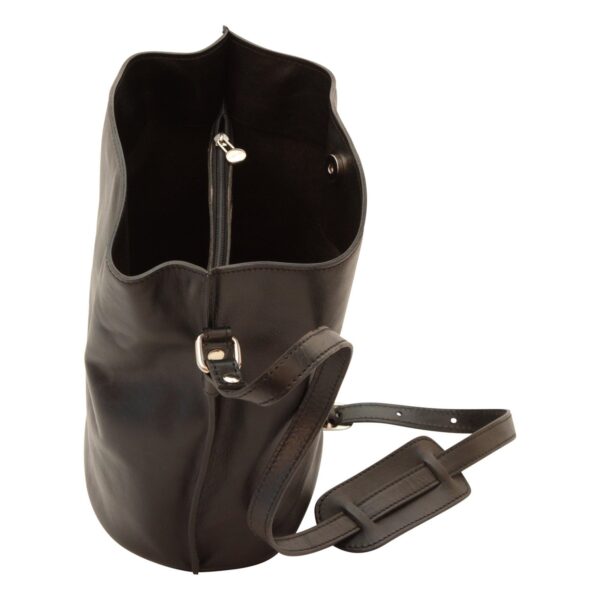 An open black leather bucket bag shown from a high angle on a white background, featuring a spacious interior with a central zippered pocket, a magnetic snap closure, and an adjustable shoulder strap with a sliding shoulder pad.