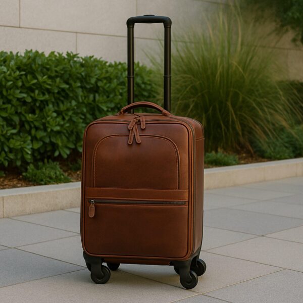 A front-facing view of a premium **brown leather carry-on suitcase** with a telescopic handle extended. The luggage features four spinner wheels, multiple zippered compartments, and a matching leather top handle, positioned outdoors on a stone walkway.