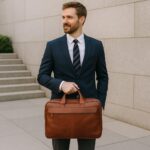 Luxury full-grain calfskin leather briefcase with dual compartments, padded laptop section, and adjustable shoulder strap for professionals.