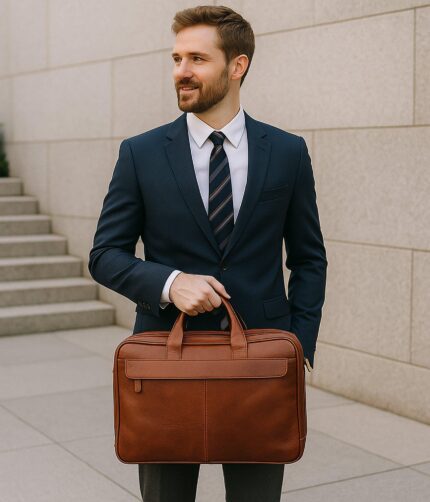 Luxury full-grain calfskin leather briefcase with dual compartments, padded laptop section, and adjustable shoulder strap for professionals.