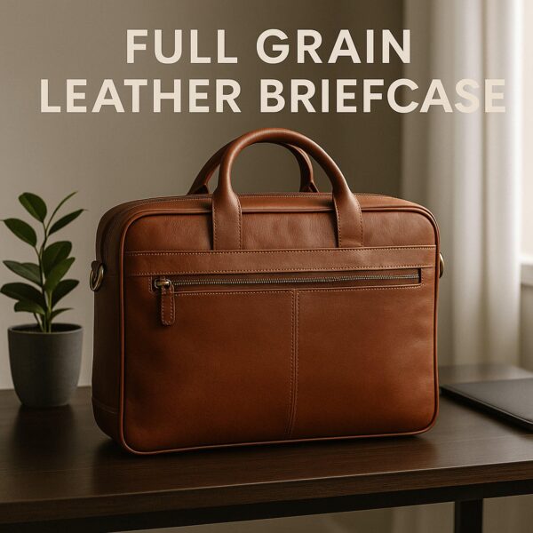 A tan, full-grain leather briefcase sitting on a dark wooden desk next to a small potted plant, with the text "FULL GRAIN LEATHER BRIEFCASE" displayed prominently above it.