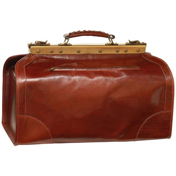 Side view of tan brown leather backpack with multiple zippered compartments and adjustable shoulder straps Front view of a classic leather doctor bag with a brass frame closure, horizontal zippered pocket, and reinforced top handle