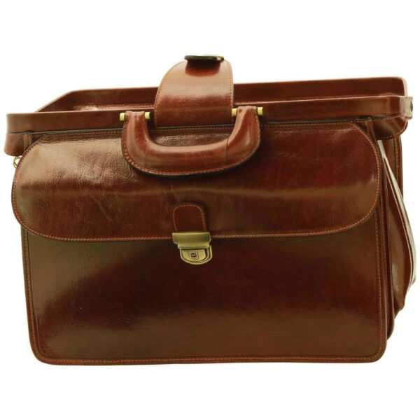 A front view of an open vintage-style brown leather Gladstone bag, featuring a large front flap pocket with a brass tuck-lock clasp, a sturdy leather handle, and a wide hinged frame, shown against a white background.