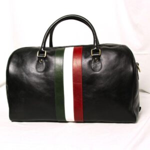 A front-facing studio shot of the black leather duffel bag, highlighting the symmetrical placement of the sturdy carry handles and the vibrant green, white, and red vertical stripes set against a clean white background.