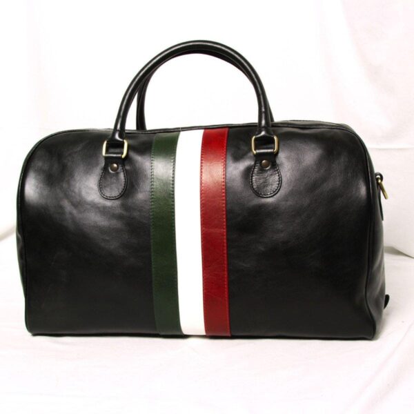 A front-facing studio shot of the black leather duffel bag, highlighting the symmetrical placement of the sturdy carry handles and the vibrant green, white, and red vertical stripes set against a clean white background.
