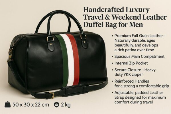 A product showcase of a black handcrafted luxury leather duffel bag with a green, white, and red vertical stripe, featuring descriptive text and icons for dimensions ($50 \times 30 \times 22$ cm) and weight (2 kg).