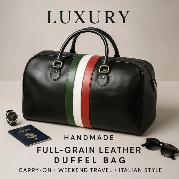 An elegant advertisement for a handmade full-grain leather duffel bag featuring a green, white, and red vertical stripe, surrounded by travel accessories including a watch, passport, and sunglasses.
