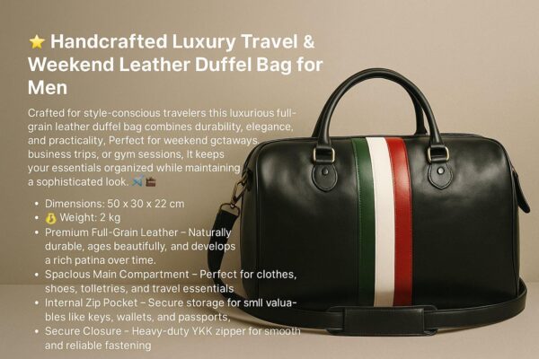 A black full-grain leather duffel bag featuring vertical green, white, and red stripes, displayed alongside a list of product features and specifications such as dimensions, weight, and material quality.
