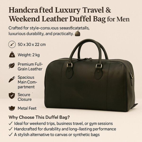 An infographic for a handcrafted luxury leather duffel bag for men, featuring a large image of the dark brown bag alongside key specifications such as dimensions (50 x 30 x 22 cm), weight (2 kg), and highlights like premium full-grain leather, a spacious main compartment, and metal feet.