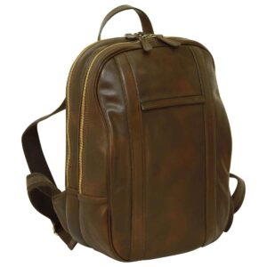A front-facing, three-quarter angle view of a dark brown leather backpack against a white background. The image displays the dual gold-tone zippered compartments, a top carry handle, a slim front horizontal pocket, and the rich, polished patina of the leather.