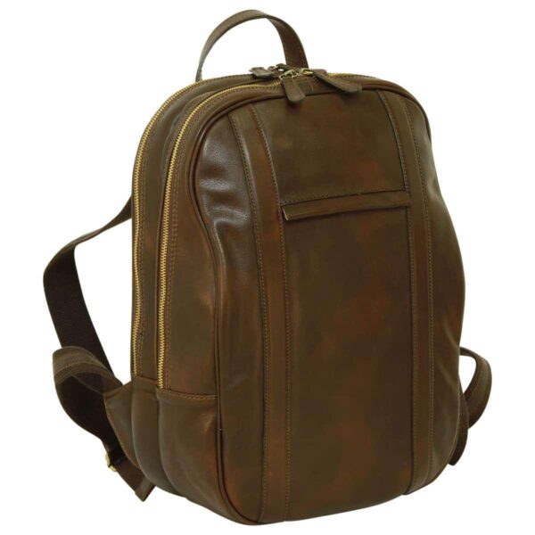 A front-facing, three-quarter angle view of a dark brown leather backpack against a white background. The image displays the dual gold-tone zippered compartments, a top carry handle, a slim front horizontal pocket, and the rich, polished patina of the leather.