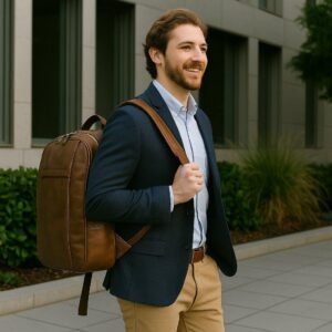 Luxury Italian calfskin leather laptop backpack in brown – handcrafted satchel, elegant and functional for work, travel, or daily life.
