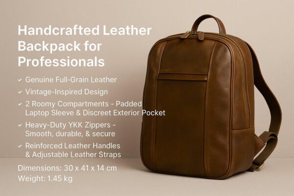 A brown leather professional backpack with a top handle, adjustable straps, and exterior zippered pockets.