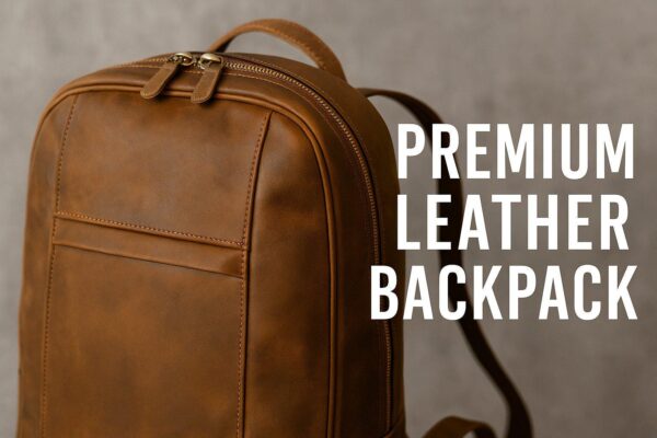 A brown leather backpack with a top handle, zippered compartments, and visible stitching against a grey background.