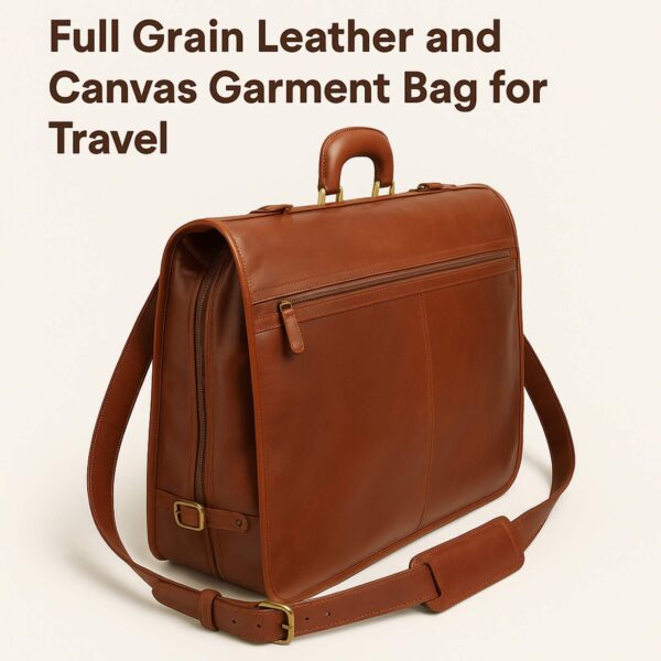 A lifestyle shot of a **full-grain leather and canvas garment bag** for travel, shown in its folded position. The bag includes a **top handle** and an adjustable **shoulder strap** with a padded section for comfort. Bold text at the top reads, "Full Grain Leather and Canvas Garment Bag for Travel."