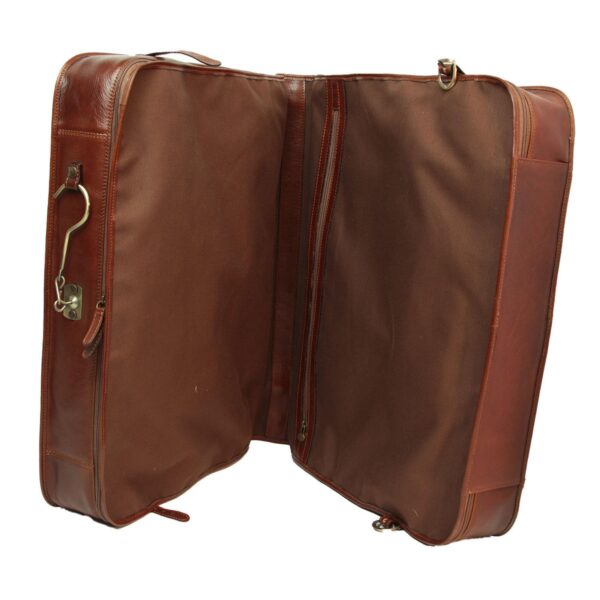 An open, dark brown leather garment bag stands upright against a white background, featuring a brown fabric lining and a brass hanging hook on the side.