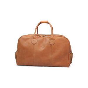 A front-facing view of a tan leather duffel bag on a white background, showing its smooth leather exterior, reinforced handle attachments with decorative stitching, and a small embossed brand logo in the center.