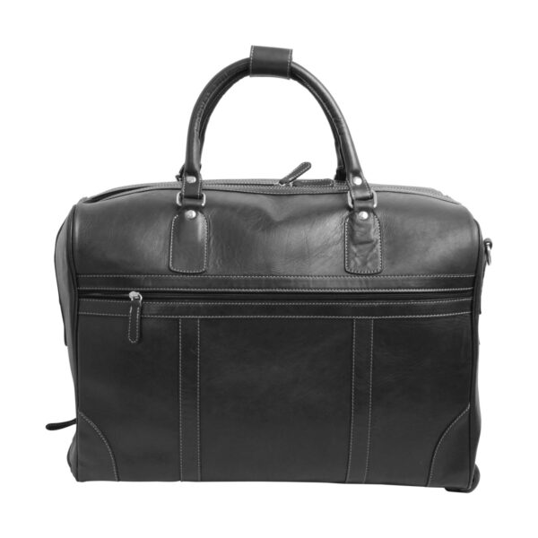 Front view of a black leather rolling duffel bag, featuring white contrast stitching, padded top handles with a leather wrap, and a large horizontal zippered front pocket.
