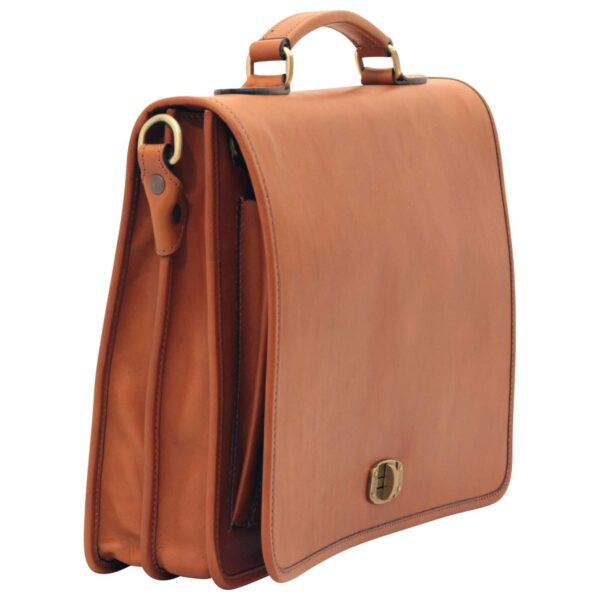 Side three-quarter view of a tan leather briefcase with a top handle, multi-gusset design, and brass twist-lock closure