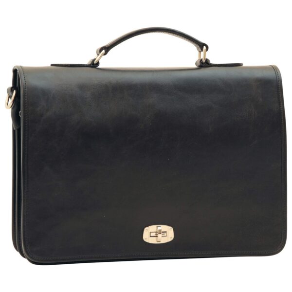 Front view of a black leather briefcase with a top handle and a silver twist-lock closure