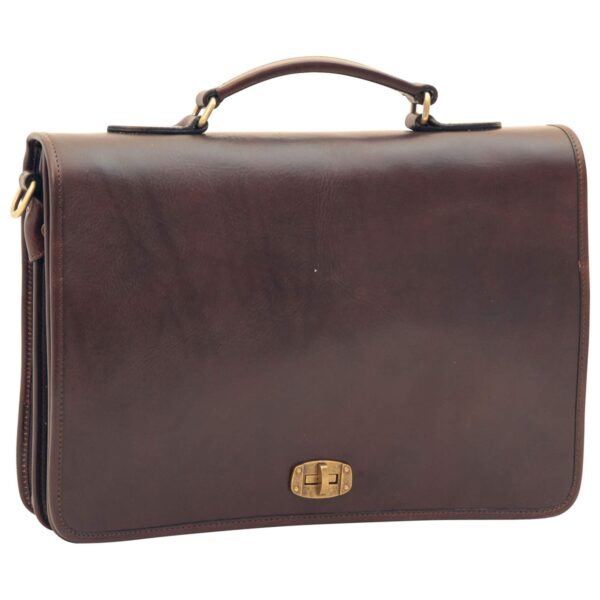 Front view of a dark brown leather briefcase with a top handle and a brass twist-lock closure