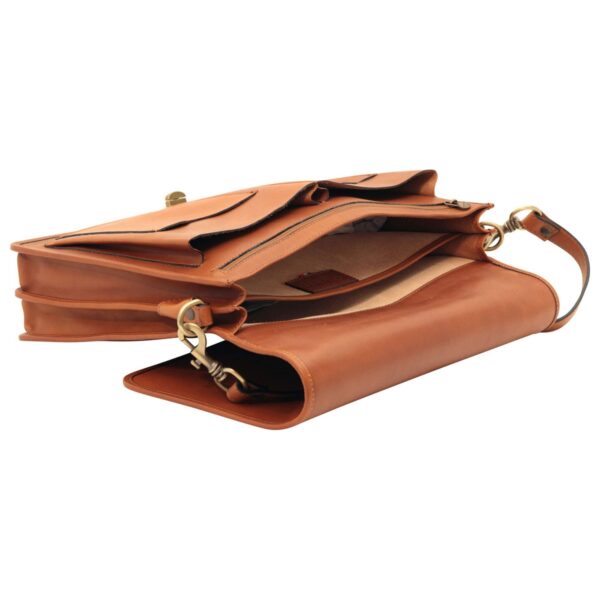 Interior view of an open tan leather briefcase showing multiple organized compartments and a front pocket