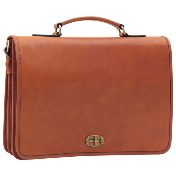 Front view of a tan leather briefcase with a top handle and a brass twist-lock closure