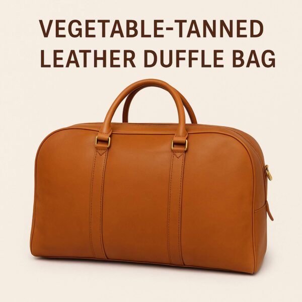 A tan vegetable-tanned leather duffle bag with matching top handles and brass hardware, centered against a light beige background with the text "VEGETABLE-TANNED LEATHER DUFFLE BAG" in brown capital letters above it.