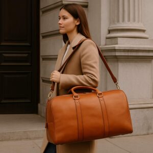 Luxury calfskin leather duffel bag with antique brass hardware for premium travel