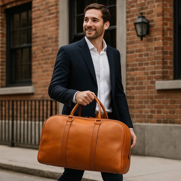 A smiling man in a navy blue suit and white dress shirt walks along a city sidewalk, carrying a large tan leather duffle bag. He is holding the bag by its top handles against a backdrop of a classic red brick building with black-trimmed windows and a vintage-style street lamp.
