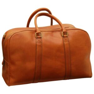 A front-facing view of a tan leather duffel bag with a smooth, polished finish. The design features dual rounded top handles secured by brass rectangular rings and cross-stitched leather reinforcement straps. It has a curved top zipper and is displayed against a solid white background.