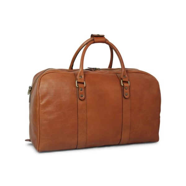 Cognac leather weekender duffle bag with double rolled top handles, antique brass studs and hardware, reinforced strap details, and a top zipper closure, shown from a side angle on a white background