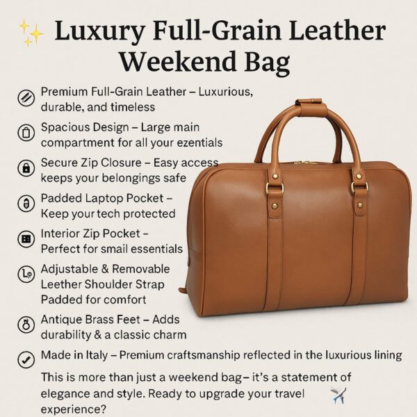 Infographic of a luxury full-grain leather weekend bag in tan, highlighting key features including padded laptop pocket, interior zip pocket, adjustable leather shoulder strap, antique brass feet, and Italian craftsmanship