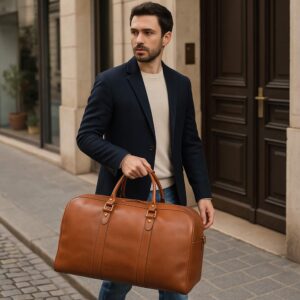 Luxury full-grain leather weekender bag with padded laptop pocket
