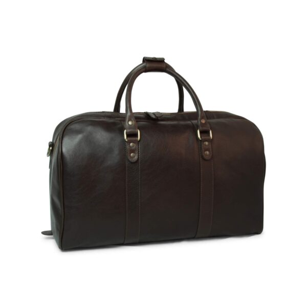 Dark brown leather weekender duffle bag with double rolled top handles, gold-tone studs and hardware, reinforced strap details, and a top zipper closure, shown from a side angle on a white background