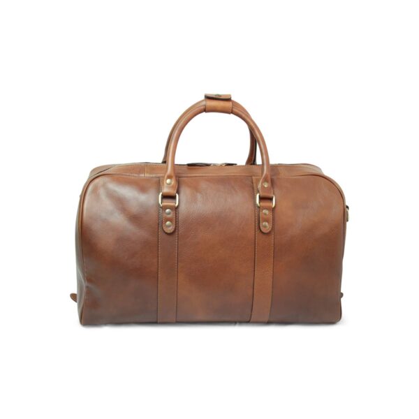 Brown leather weekender duffle bag with double rolled top handles, gold-tone studs and hardware, reinforced strap details, and a top zipper closure, shown from the front on a white background