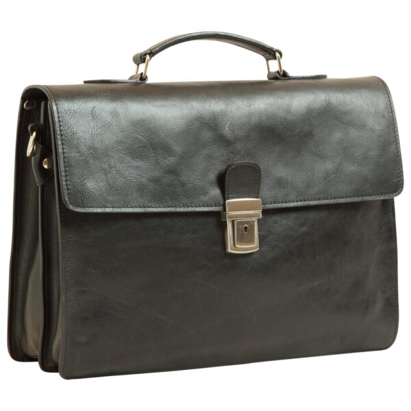 Front view of a classic black leather briefcase featuring a large fold-over flap, a sturdy top handle, and a silver-tone metallic tuck-lock closure with a keyhole.