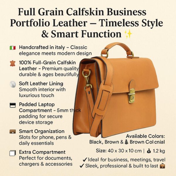 Infographic for a Full Grain Calfskin Business Portfolio Leather bag, featuring a tan leather briefcase alongside bullet points highlighting features: handcrafted in Italy, 100% full-grain calfskin, soft leather lining, 5mm padded laptop compartment, and smart organization. Text includes dimensions (40 x 30 x 10 cm), weight (1.2 kg), and available colors in Black, Brown, and Brown Colonial.