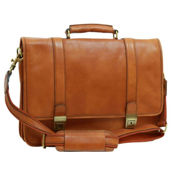 A tan leather briefcase with a top handle, adjustable shoulder strap, and two vertical straps secured by brass-toned metal clasps against a white background.