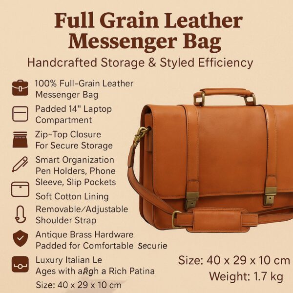 A promotional graphic for a "Full Grain Leather Messenger Bag" featuring a tan leather briefcase alongside a list of features including a padded 14-inch laptop compartment, antique brass hardware, and Italian leather, with dimensions of 40 x 29 x 10 cm and a weight of 1.7 kg.